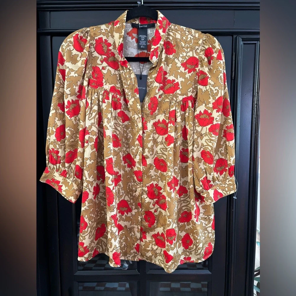 SMYTHE Poppy Print Shirred Pocket Blouse in Red and Tan - Picture 2 of 9